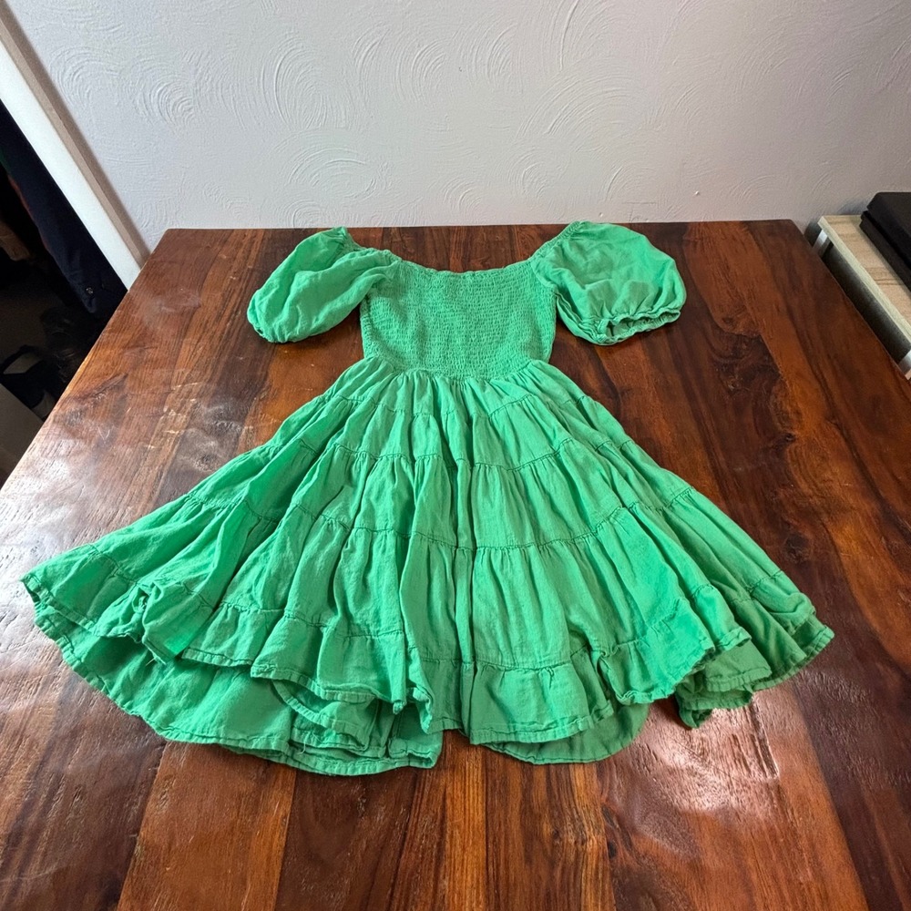 Altar'd State Green Smocked Puff Sleeve Tiered Cotton Mini Dress XS HF235047 - Picture 4 of 5